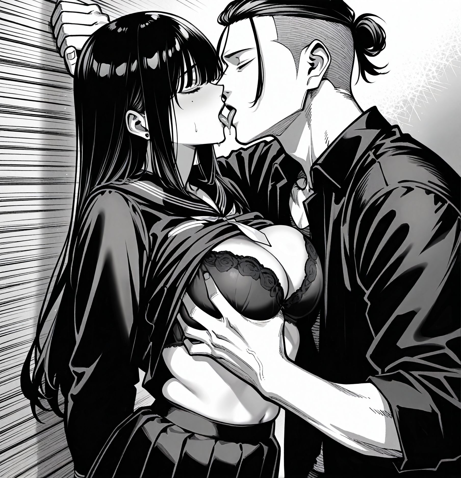 <lora:add-detail-xl:0.5>,masterpiecebest quality,anime coloring,anime screenshot,
<lora:bouryokubannzai:1>bouryokubannzaiV1,
1girl,1boy, tongue out, 
grabbing another's breast, 
bra, shirt lift, 
kiss, 
greyscale,monochrome,
school uniformlong hair,
breasts,skirt, black serafuku, 
serafuku,
b_rikudou,
BREAK
shirt,b_yakuza,
long bangs,tied back hair,
milf,20YO,