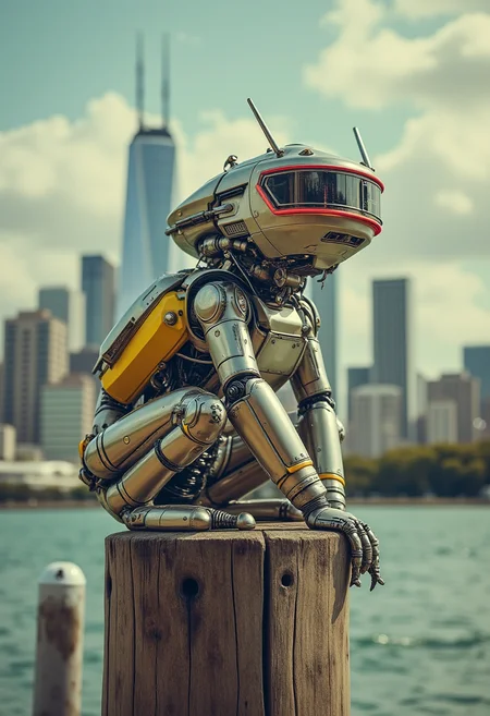 yfg-cehda A hyper-realistic digital illustration of a robotic frog perched on a wooden post by a waterfront with a futuristic city skyline in the background, detailed with metallic textures, vibrant colors, and reflective surfaces, creating a striking contrast between nature and technology,