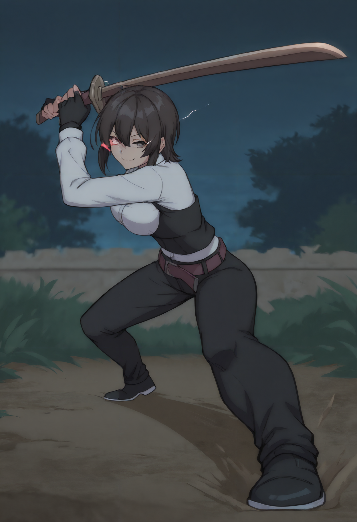 masterpiece, best quality, newest, absurdres, highres, dark, outdoors, night, closed mouth, smug, grin, looking at viewer, medium breasts, 1girl, solo,  <lora:Elna_Stongs_Illustrious-000010:1> estonggsslna, short hair, brown hair, sidelocks, hair between eyes, bangs, brown eyes, white shirt, dress shirt, underbust, black gloves, fingerless gloves, belt, black pants, black footwear, full body, incoming attack, dynamic pose, foreshortening, holding sword, eye trail, light trail