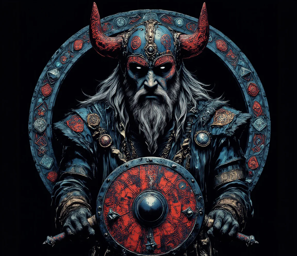 professional 3d model line art drawing <lora:ck-shadow-circuit:1> <lora:lora-Váhlgard_:1>Dirty paint.., art by Mike Mignola.This is a digital drawing in a highly detailed, intricate, and stylized art form, resembling a Viking or Norse-inspired design. The central figure is a bearded man with a stern expression, wearing a horned helmet adorned with intricate patterns in red, blue, and gold. His eyes are piercing blue, and his beard is long and flowing, with a mix of white and gray tones. He is dressed in elaborate armor with ornate details, including a chest plate and shoulder guards, all in shades of blue, red, and gold.Surrounding the figure is an ornate circular frame filled with intricate patterns and geometric shapes, predominantly in shades of blue, red, and white. The background is dark, enhancing the vivid colors and detailed textures of the central figure and frame. Below the figure, there is a shield with a red and white design, and two swords crossed behind the shield, also in a red and white pattern.The overall style is highly detailed and vibrant, with a mix of traditional and modern elements, reminiscent of both ancient Viking art and contemporary digital art. The image conveys a sense of strength, power, and historical grandeur through its rich, bold colors and intricate designs.
. . professional, sleek, modern, minimalist, graphic, line art, vector graphics . octane render, highly detailed, volumetric, dramatic lighting