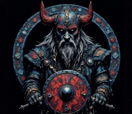 professional 3d model line art drawing <lora:ck-shadow-circuit:1> <lora:lora-Váhlgard_:1>Dirty paint.., art by Mike Mignola.This is a digital drawing in a highly detailed, intricate, and stylized art form, resembling a Viking or Norse-inspired design. The central figure is a bearded man with a stern expression, wearing a horned helmet adorned with intricate patterns in red, blue, and gold. His eyes are piercing blue, and his beard is long and flowing, with a mix of white and gray tones. He is dressed in elaborate armor with ornate details, including a chest plate and shoulder guards, all in shades of blue, red, and gold.Surrounding the figure is an ornate circular frame filled with intricate patterns and geometric shapes, predominantly in shades of blue, red, and white. The background is dark, enhancing the vivid colors and detailed textures of the central figure and frame. Below the figure, there is a shield with a red and white design, and two swords crossed behind the shield, also in a red and white pattern.The overall style is highly detailed and vibrant, with a mix of traditional and modern elements, reminiscent of both ancient Viking art and contemporary digital art. The image conveys a sense of strength, power, and historical grandeur through its rich, bold colors and intricate designs.
. . professional, sleek, modern, minimalist, graphic, line art, vector graphics . octane render, highly detailed, volumetric, dramatic lighting