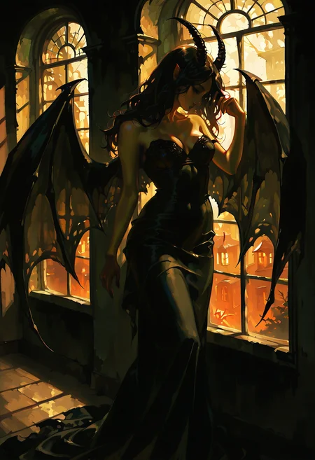 opill, solo, horns, wings, 1girl, window, dress, long hair, demon wings, bare shoulders, dark, demon girl