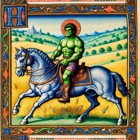 a pam-mdvl hulk, riding a horse,field background,rectangular frame, texta, divine light,highly detailed, dynamic, masterpiece,intricate,hdr