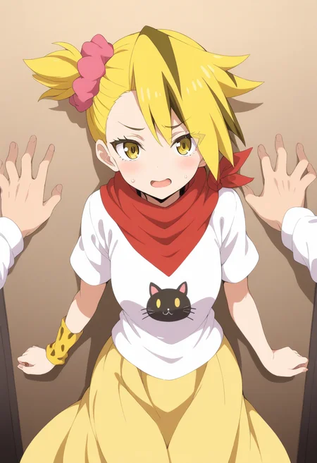 <lora:Noboru_Kodo>,noboru kodo,1boy,solo,animal print,shirt,skirt,hair ornament,pink scrunchie,yellow skirt,flower,white t-shirt,scarf,otoko no ko,single wristband,long skirt,side ponytail,cat print,kabedon,pov hands,open mouth,sweatdrop,masterpiece,high score,great score,absurdres,