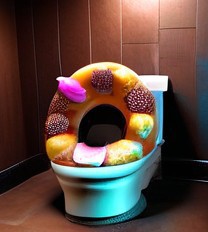 d0nu71f13d, a anime style image of a cat made of doughnuts, sitting on a toilet made of doughnuts, cinematic lighting, absurdres, donuts, vibrant colours, cat, toilet, flat colours, anime style,