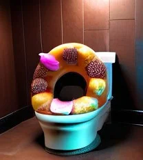 d0nu71f13d, a anime style image of a cat made of doughnuts, sitting on a toilet made of doughnuts, cinematic lighting, absurdres, donuts, vibrant colours, cat, toilet, flat colours, anime style,