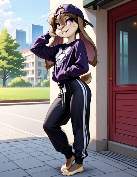 masterpiece, best quality, very aesthetic, absurdres,
outdoors, streetwear,  
barefoot, full body, posing, standing, 
seductive smile, parted lips, long eyelashes,
<lora:Nicole_Meadowsong_v01_NAIXL:1>
N1c013,1girl,solo,furry,furry female,rabbit girl,brown hair,backwards hat,short hair,rabbit ears,purple eyes,snout,animal nose,whiskers,buck teeth,body fur,two tone fur,brown fur,grey fur,rabbit tail,