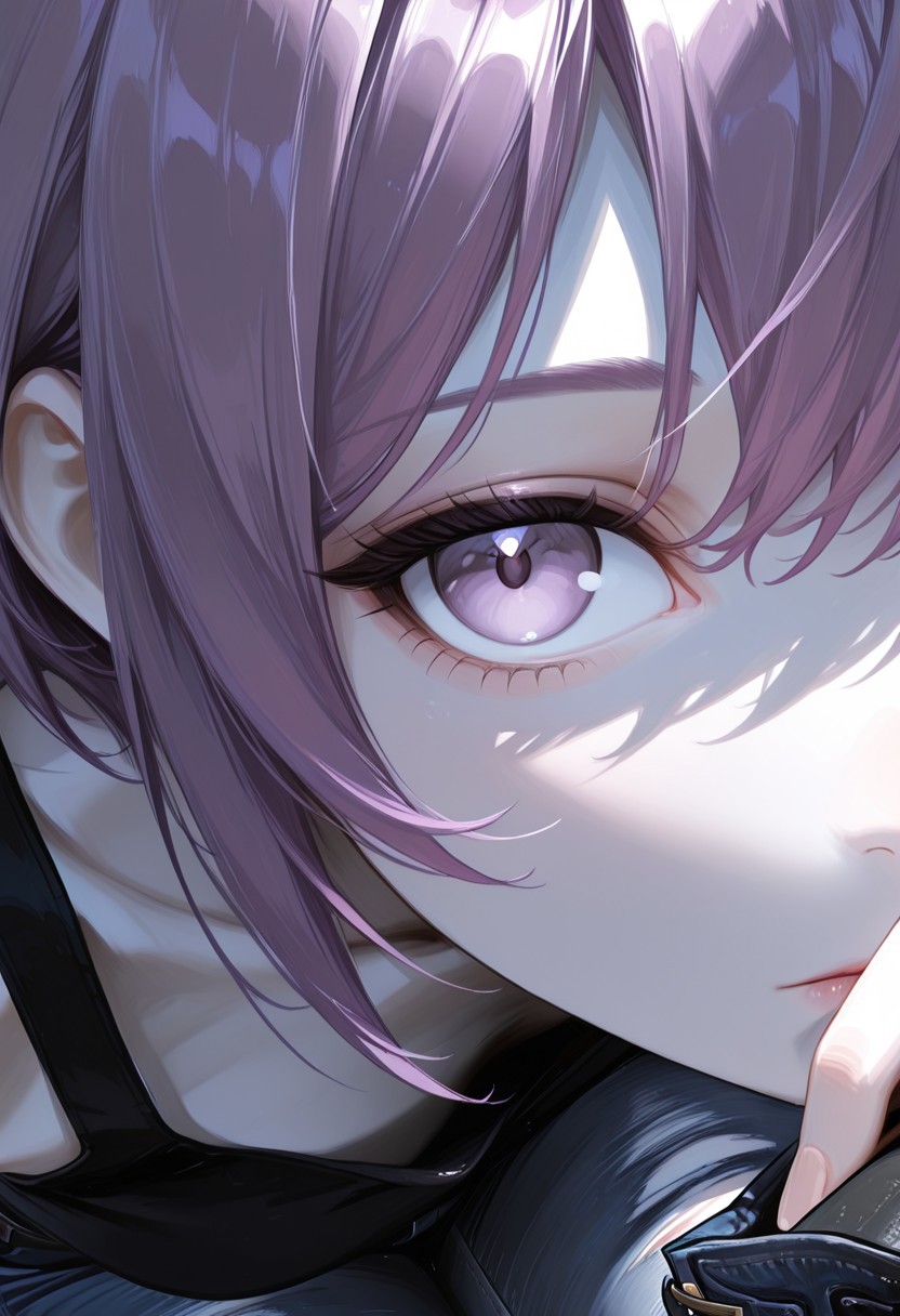 masterpiece, high_quality, highres, park, sun, bright, close-up, extreme close-up face, face focus, hand up for shade,
1girl, LillyW, purple hair, light gray skin, lilac eyes,, ripped jeans, black tank top, black boots, looking at viewer