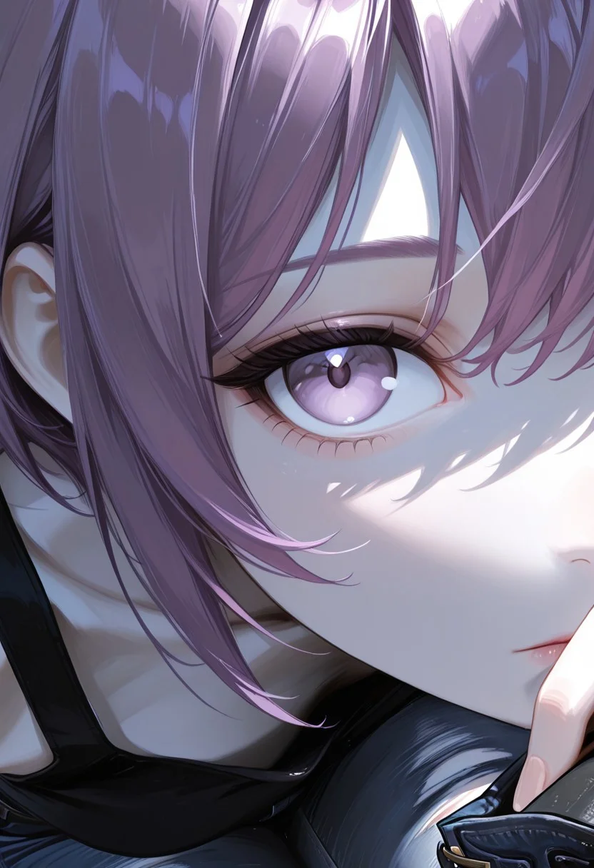 masterpiece, high_quality, highres, park, sun, bright, close-up, extreme close-up face, face focus, hand up for shade,
1girl, LillyW, purple hair, light gray skin, lilac eyes,, ripped jeans, black tank top, black boots, looking at viewer