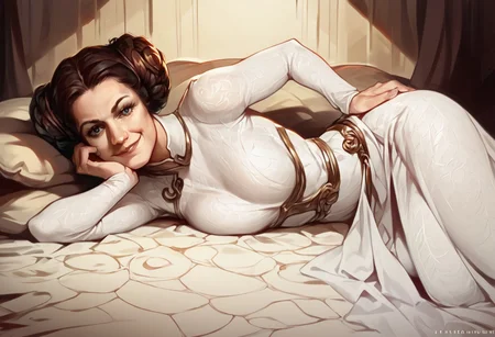 score_9, score_8_up, score_7_up, 1girl, SabuArt, Princess Leia, laying on her side, white dress, semi-transparent material, smirk, head rest, hand on hip,