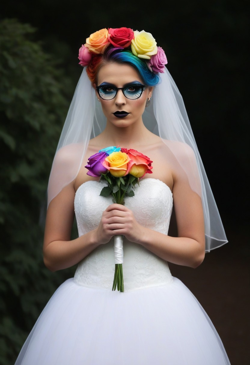 semi_realistic,1girl, upper body, detailed face, emo makeup, fluffy, rainb0w hair, veil, rainb0w bridal dress, bridal_veil, bridal_garter, elbow gloves, white ribbon, white silk, see-through, glasses, holding single rose flower, rainb0w rose, the  contur of the petals glow eerily white, dim light, intricate details, horror theme, cementary, detailed background, 
BL4CK3STBL4CK, black_theme, matte_color, flat color, diamondMW