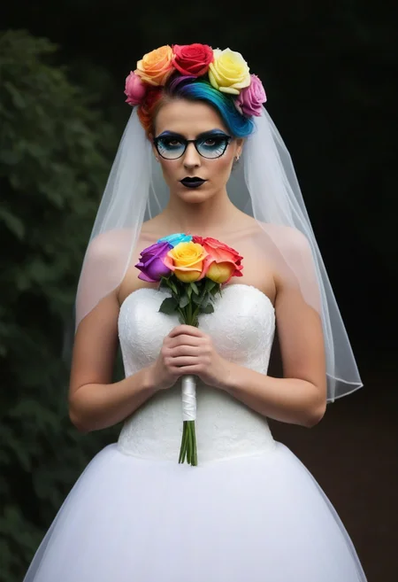 semi_realistic,1girl, upper body, detailed face, emo makeup, fluffy, rainb0w hair, veil, rainb0w bridal dress, bridal_veil, bridal_garter, elbow gloves, white ribbon, white silk, see-through, glasses, holding single rose flower, rainb0w rose, the  contur of the petals glow eerily white, dim light, intricate details, horror theme, cementary, detailed background, 
BL4CK3STBL4CK, black_theme, matte_color, flat color, diamondMW