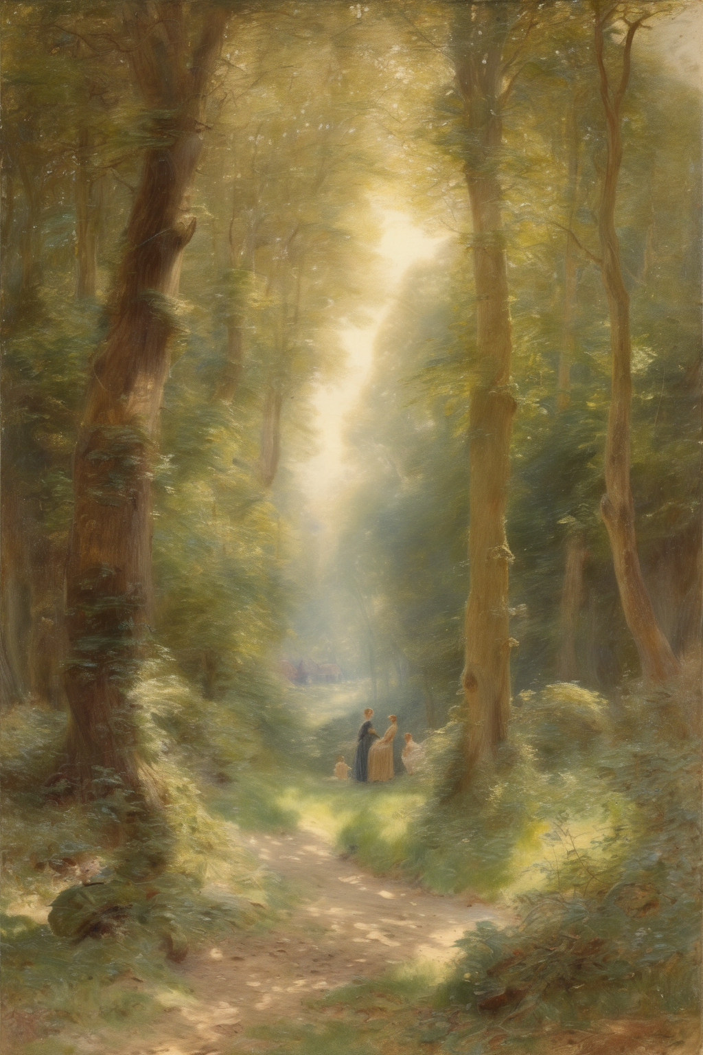 <lora:Alfred Augustus Glendening style:1>Alfred Augustus Glendening style - A magical forest scene with dappled sunlight filtering through the treetops.