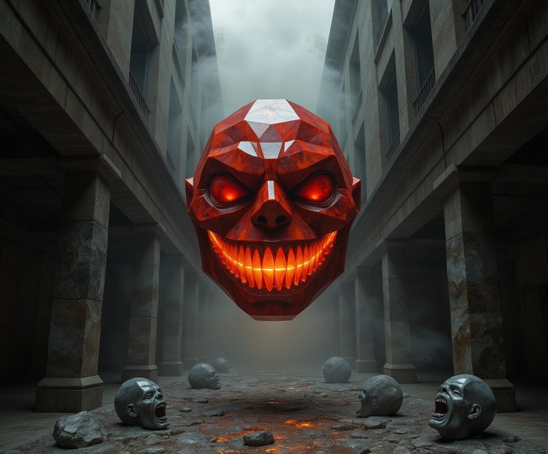 <lora:ck-polygon-gems-0019.safetensors:1> a crafted gemstone model in the style of cklg featuring a
In a dimly lit, fog-laden alley, a central figure looms, a manically grinning orb suspended in mid-air. The orb's surface is a series of bold, ink-like outlines, with intense, directional light casting deep shadows, creating a stark contrast between the fiery reds and muted blacks. Disembodied heads, their expressions twisted in silent screams, float around the orb, each defined by thick, black lines and painterly textures that blend smooth gradients with abrupt, striking transitions.
The alley itself is a study in high contrast, with warm, fiery hues—reds, oranges, and yellows—clashing against the cold, foreboding grays and blacks of the decaying buildings. The fog swirls around the central figure, adding a sense of mystery and dread. The composition is meticulously balanced, with detailed, expressive features in the foreground and minimalist negative space in the background, controlling the visual complexity and drawing the eye inexorably to the orb.
The scene is a masterful blend of horror and surrealism, the decaying, otherworldly elements heightened by exaggerated scale contrasts and a cinematic gravity that evokes a deep sense of tension and awe. The chaotic composition and symmetry breaking only add to the unsettling ambiance, making the viewer feel as if they are standing in the midst of a surreal, nightmarish dreamscape.