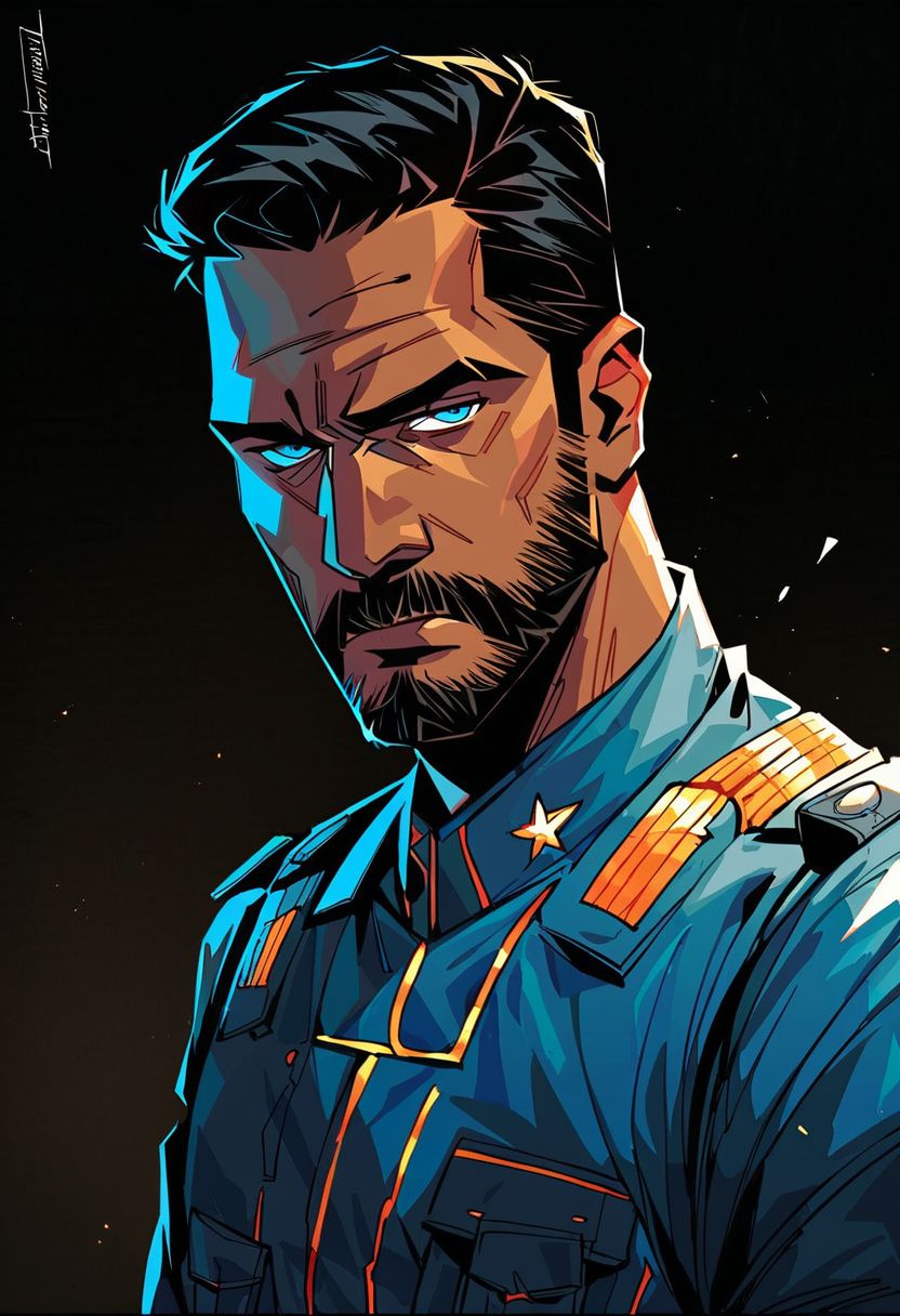 score_9, score_8_up, score_7_up, score_6_up, 1boy, cowboy shot, futuristic admiral, beard, american, blue eyes, short straight hair, masculine, strong body, tired eyes, scifi navy uniform, dark skin,
determined look on face,
looking back,
looking at viewer,
eye contact, 
expressive,
outside, daytime, black background
black linework, black hair, ruins