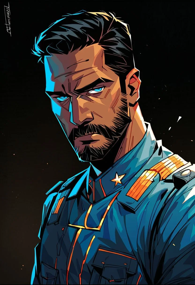 score_9, score_8_up, score_7_up, score_6_up, 1boy, cowboy shot, futuristic admiral, beard, american, blue eyes, short straight hair, masculine, strong body, tired eyes, scifi navy uniform, dark skin,
determined look on face,
looking back,
looking at viewer,
eye contact,
expressive,
outside, daytime, black background
black linework, black hair, ruins