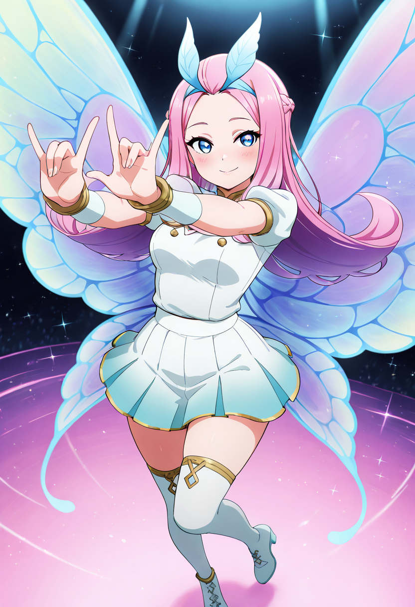 masterpiece, best quality, solo, curvy, beautiful eyes, narrow waist, wide hips, 1girl, solo, smile, looking at viewer, dynamic angle, foreshortening, close up,     zzTasi, blue eyes, long hair, multicolored hair, pink hair, wings,  ,<lora:TasiAFK_IXL:1.0>,  [J-Pop Idol in Training], <lora:LoveLiveSchoolIdolFestivalAllStarsNAI:0.5>, pastel-colored pleated skirt with a cute bow at the waist, white frilled blouse with puffed sleeves, knee-high socks, glossy Mary Jane shoes, headband with a little cat-ear design, bright blush and eye-catching eyeshadow, practicing dance moves in a bright rehearsal studio,