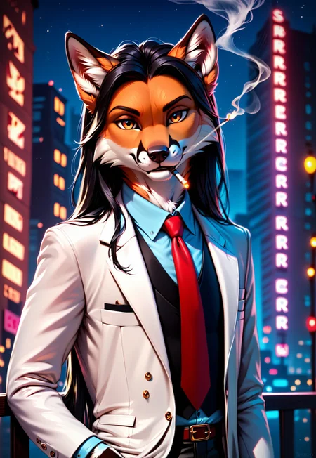 score_10_up, score_9, score_8_up, score_7_up, score_6_up, photorealistic, epiCPhotoGasm-colorfulPhoto, Realistic, highres, super high resolution, 8k, photo, anthro, furry, furry, anthro, fur, male, fox, thin body, tuxedo, black hair, hairs, long hair, trousers, smoking, thin body, red tie, orange fur with black, realistic fur, detailed fur, top of skyscraper, night sity, night, looking at viewer, hair, photo, better resolution, best quality, realistic