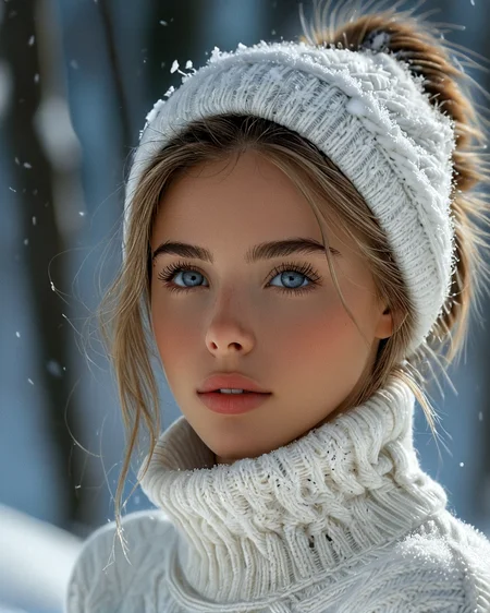 <lora:BellissimaXL_v2.0:1> bellissima, Upper body photo. Beautiful girl wearing a thin athletic sweater, Side-swept hair, Perfect eyes, highly detailed beautiful expressive eyes, detailed eyes. Depth of field, morning in the snow, (8k, RAW photo, best quality, depth of field, ultra high res:1.2), (intricate, photorealistic, masterpiece, ultra-detailed), dynamic lighting