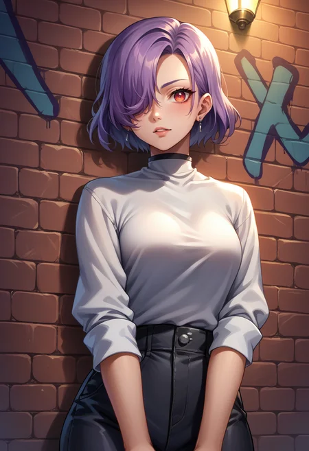 score_9, score_8_up, score_7_up, source_anime, 1girl, solo, erinap5t, short hair, hair over one eye, purple hair, earrings, sharp eyes, choker, neon shirt, open jacket, turtleneck sweater, night, against wall, brick wall, graffiti, dim lighting, alley, looking at viewer, <lora:zs_ErinaXL:1>