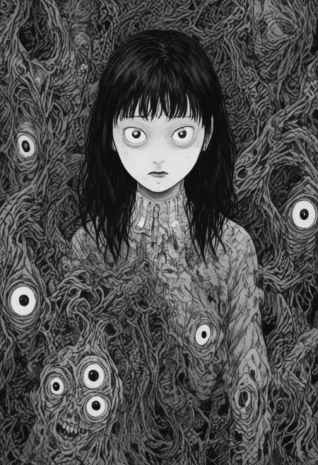 headshot portrait of a woman,junji ito style,horror,manga, <lora:XL_itoStyleLycoris:1.0>