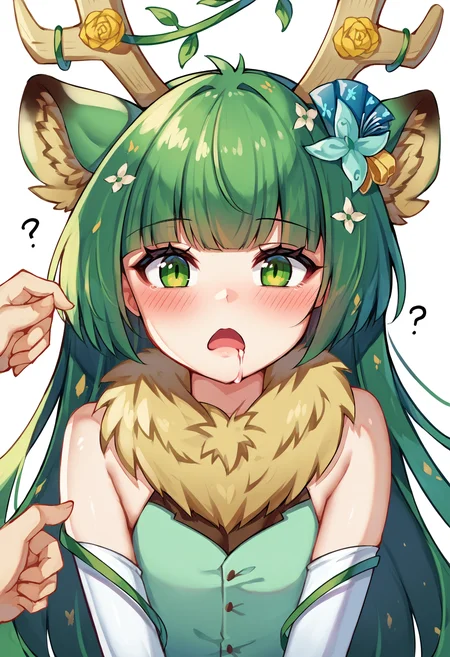 score_9, score_8_up, score_7_up, uncensored, source_anime, 1girl,  <lora:spharukaKaribuXLPony:1> harukadef, moose ears, animal ear fluff, reindeer antlers, green dress, fur trim, flower, white gloves, elbow gloves, enpera, simple background, white background, blush, drooling, looking at viewer, open mouth, solo, confused