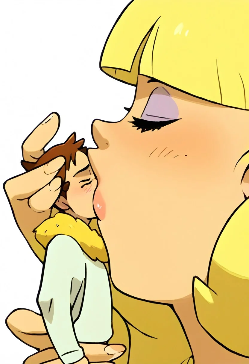 score_9, score_8_up, score_7_up, score_6_up, score_5_up, score_4_up,intricate detail, high res, 2d, comic drawing style, black, outlines,pokemon_(anime),Asian-Less2-Neg,
Giantess Kiss, 1girl (pacifica), Giant female, 1boy, miniature male, size difference, full-face kiss from giantess to miniature man, imminent kiss, female holding male with one hand,