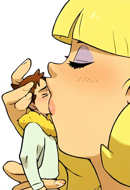 score_9, score_8_up, score_7_up, score_6_up, score_5_up, score_4_up,intricate detail, high res, 2d, comic drawing style, black, outlines,pokemon_(anime),Asian-Less2-Neg,
Giantess Kiss, 1girl (pacifica), Giant female, 1boy, miniature male, size difference, full-face kiss from giantess to miniature man, imminent kiss, female holding male with one hand,