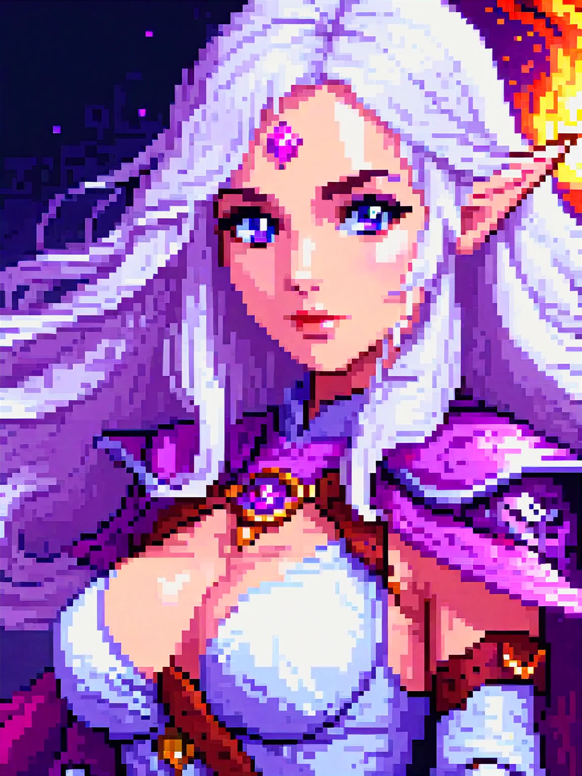 pixel art of young elf woman, a seductive wizard with long white hair and purple eyes, beauty, beautiful breasts and sexy face, cinematic film still, from Dungeons & Dragons, hot body, metal pauldron, belt, wizard robes