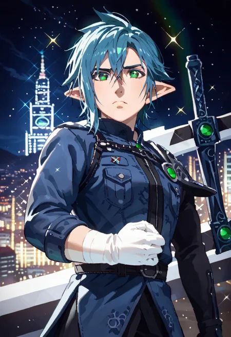 ffxv style, 1boy, male focus, 1boy, solo, slashblade, solo, male focus, 1boy, white gloves, gloves, detailed background, short hair, blue hair, long anime sideburns, hair between eyes, bishounen, very long pointed ears, green eyes, red sci-fi military uniform, furrowed brow, looking at viewer, cityscape, night, night sky green eyes, source_anime, sparkle, dynamic, anime coloring, 2d, flat coloring, cel shading, cel shaded, score_9, score_8_up, score_7_up, score_6_up, score_5_up, score_4_up