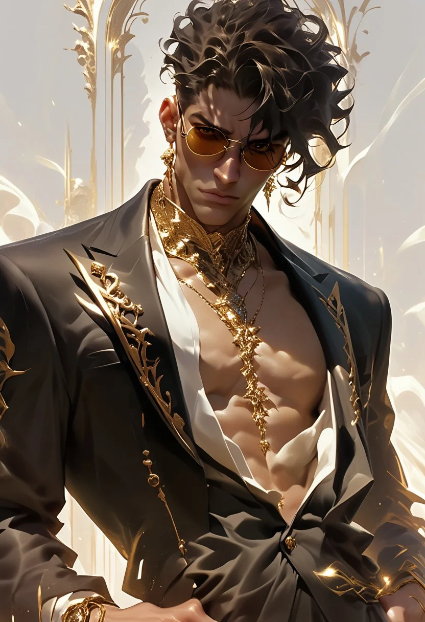 score_9,score_8_up,score_7_up,score_6_up,
1boy, solo, shirtless, muscular, open black suit jacket, black and gold shades, elegant pose, dynamic angle, looking at viewer, gold choker,