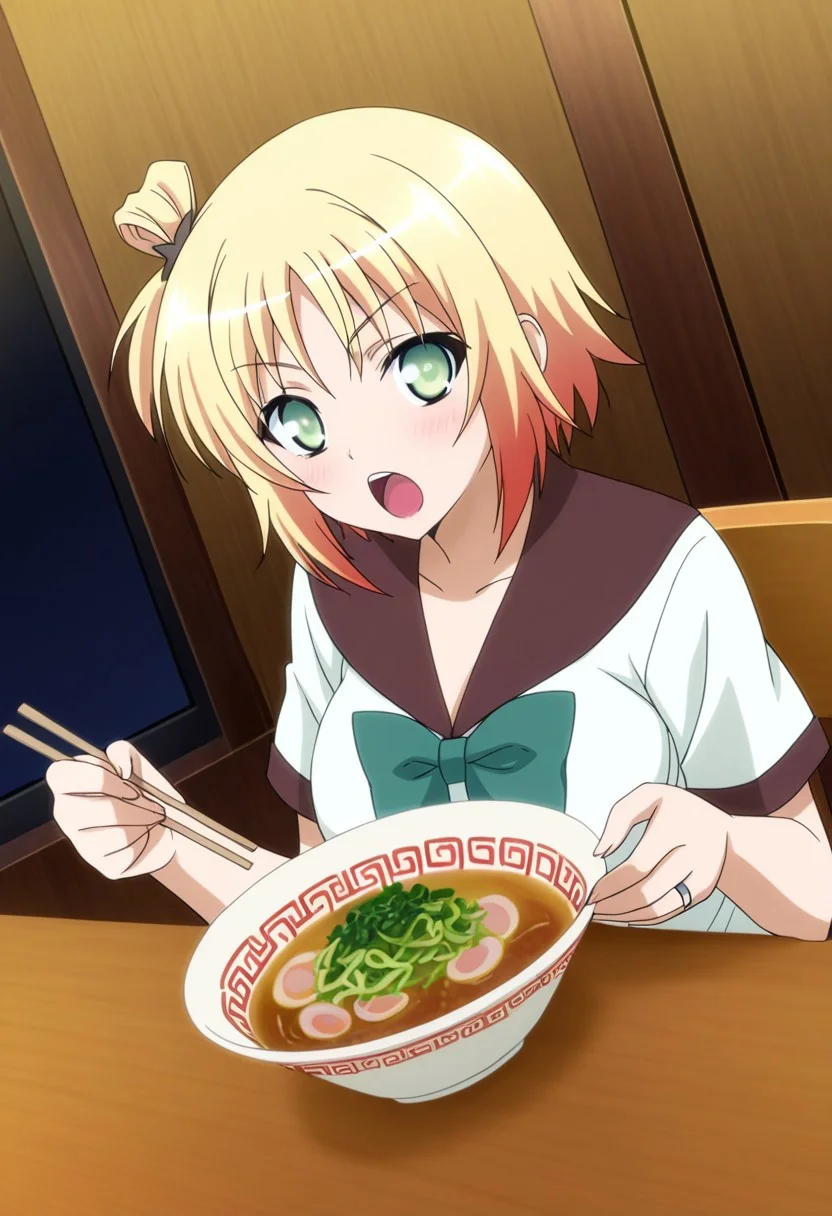 general,highres, ultra-detailed,very aesthetic,best quality ,best hands,best eyes,easynegative,
dynamic anglre, dutch angle, anime cloring,anime screencap,
1girl solo,looking at viewer,resturant,indoors,eating ramen,open mouth,sitting on chair,
Mael Strom,blonde hair,short hair,side short ponytail,light green eyes,large breasts,ring hair,serafuku,