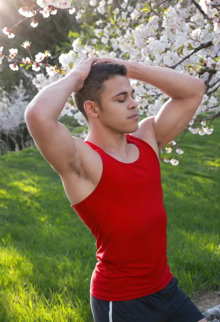<lora:sc_glenn_sdxl_v1-000010:1>, male focus, glennperson, closed eyes, serene, peaceful, contemplative, hopeful, outdoors on a bright spring day, soft golden sunlight filtering through blooming cherry blossoms, natural lighting, wearing stylish athletic wear with red accents that highlight his toned physique, gradient red tank top and compression shorts, hands behind head, peaceful and fresh spring atmosphere, subtle muscle definition, natural background, soft color palette, dappled sunlight, armpit hair