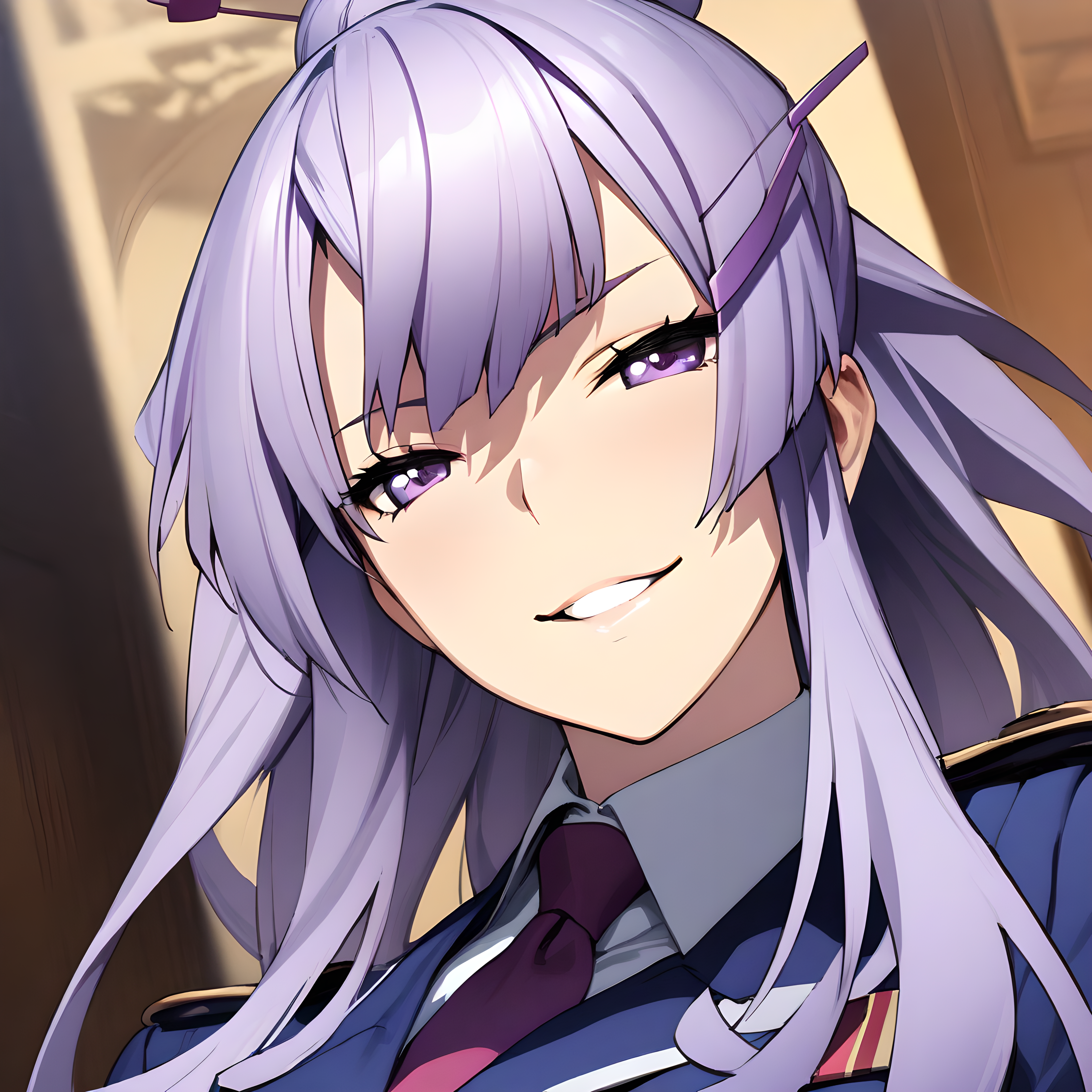 (masterpiece),(best quality),(ultra-detailed),(best illustration),(best shadow),(absurdres),(detailed background),(very aesthetic), frolaytia capistrano, 1girl, solo, hair ornament, long hair, purple eyes, teeth, purple hair, seductive smile, hairclip, uniform,  portrait<lora:frolaytia:1>