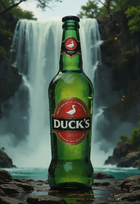 This image features a green beer bottle styled similarly to the classic Beck’s brand but with a playful and mysterious twist. The bottle now bears the branding 'DUCK'S,' reflecting the fact that the company has been taken over by a secretive brotherhood of ducks rumored to control the world in the shadows.
The iconic red and white logo has been reimagined to match this quirky backstory. Instead of the traditional blazon, the red circle now features a proud white duck standing on a vibrant red background, representing the brand’s new heraldic symbol. The bold typography of 'DUCK'S' is sleek and modern, maintaining the original style but giving it a fresh, duck-themed spin.
The bottle itself is shown glistening with condensation, making it appear refreshingly cold and inviting. It’s set against a softly blurred waterfall in the background. The lighting highlights the bottle’s clean lines and the vibrant details of the label, creating a polished, professional look.
Rendered in a modern product photography style, the image captures the sleekness and desirability of the beer while introducing a humorous, whimsical element through its duck-themed rebranding. The overall effect is both intriguing and irresistible, making the viewer feel as though this is no ordinary beer—it’s one crafted by the secret rulers of the world: ducks.