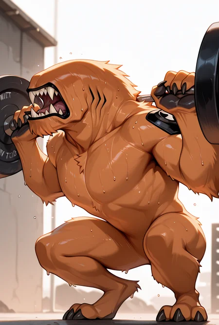 <lora:wildmutt-06:1> wildmutt, solo, no humans, claws, sharp teeth, no eyes, no ears,     <lora:Barbell_Squat:1> barbell squat, sweat,, masterpiece, best quality, amazing quality, very aesthetic, absurdres, newest,