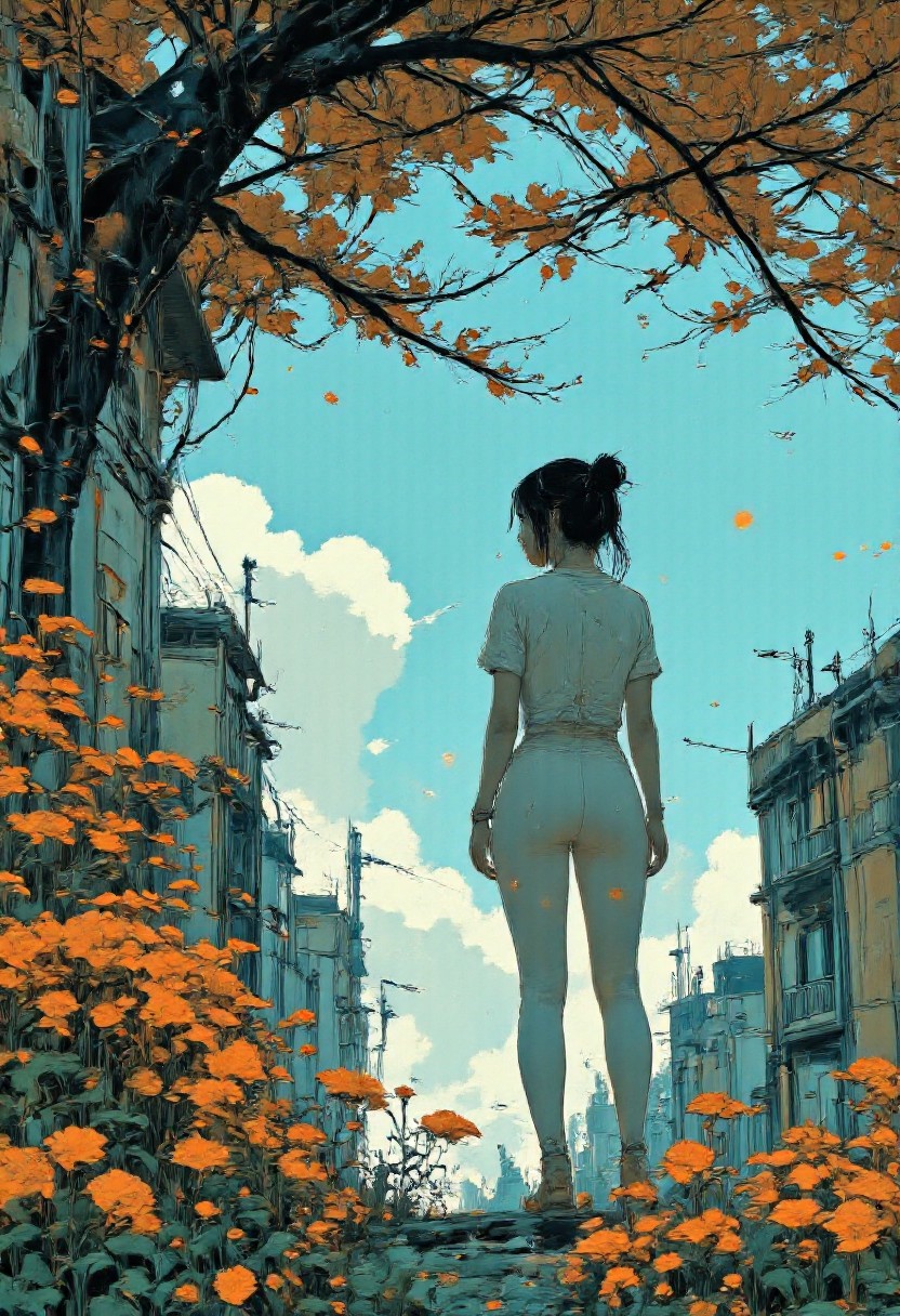 A serene scene featuring a beautiful european girl with long dark hair standing amidst lush green foliage on a stone staircase. The european girl is wearing a simple white T-shirt and blue jean, with a calm expression, gently reaching towards a leaf. The background includes vibrant gold and black colors, and soft sunlight filtering through the leaves. The setting evokes a peaceful and harmonious connection with nature, with soft shadows and natural light enhancing the tranquil atmosphere. The art style combines realism with a slight anime aesthetic, emphasizing the vibrant gold tones and the soft textures of the surroundings.