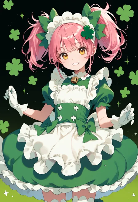 score_9, score_8_up, score_7_up, score_6_up, anime_lineart
1girl, solo,
<lora:amulet_clover:1> amulet_clover, gloves, dress, twintails, medium hair, pink hair, hair ornament, lock button, yellow eyes, bow, short sleeves, puffy sleeves, puffy short sleeves, green dress, white gloves, maid, apron, magical girl, bangs, clover (shape), thighhighs
sweat, shiny skin, smile