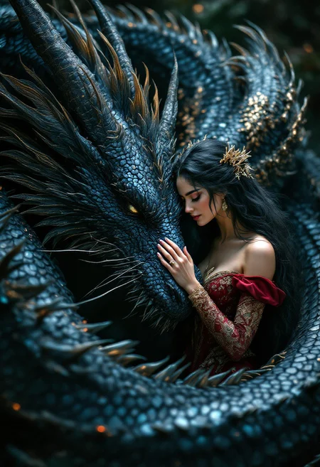 Cinematic photo. Beautiful queen with long flowing black hair, dressed in a royal crimson and gold dress, lovingly stroking the head of a giant majestic black dragon adorned with shimmering, iridescent scales, the two gently nuzzle and cuddle, the dragon coiled around her, protecting her with its massive body and wings, a deep bond of trust and love is evident between them, the dragon humbly accepts her gentle gesture, creating a magical and intimate moment, 35mm photography, film, bokeh, professional, 4k, high detail