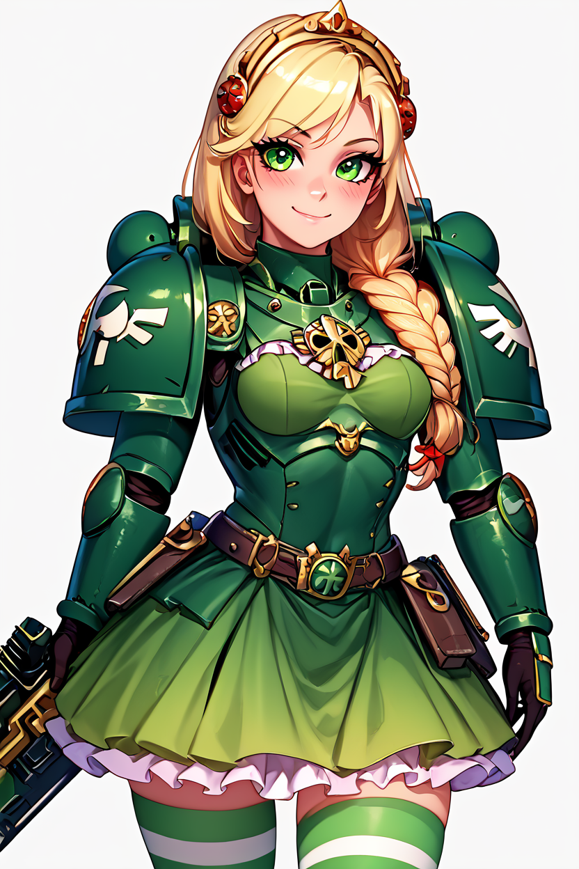 score_9, score_8_up, score_8, medium breasts, (curvy), cute, eyelashes,       BREAK, , zzDarkAngel, 1girl, long hair, simple background, white background, green eyes, weapon, gun, pauldrons, shoulder pads, power armor shoulder armor, arrow (symbol), green theme, cowboy shot, <lora:Dark_Angels_Warhammer_40K_PDXL_v2:0.8>, , BREAK, closed mouth, alternate costume, smile, looking at viewer, blush,  zzLFashion, frilled dress, frills, bow, dress, striped thighhighs, sweetL, cowboy shot,  embedding:zPDXL, Expressiveh,  <lora:Vivid:0.7>,  <lora:LFashionPDXL:1>,  <lora:Uncensored_PonyXL_cpt_v02.09:0.4>,  <lora:Expressive_H-000001:0.4>,