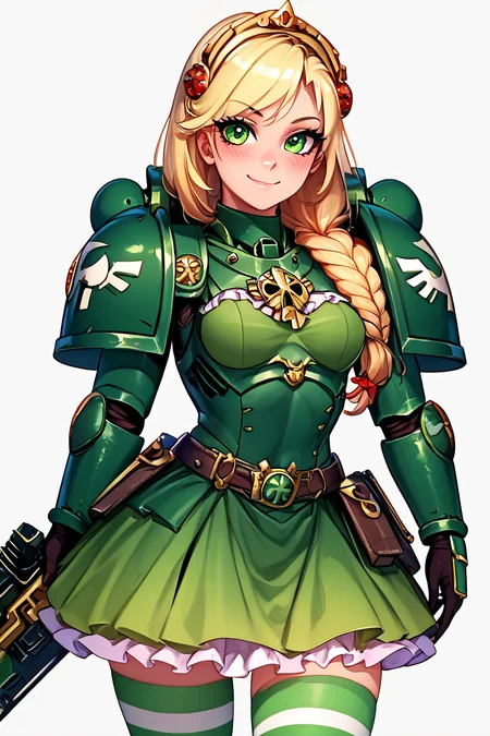 score_9, score_8_up, score_8, medium breasts, (curvy), cute, eyelashes, BREAK, , zzDarkAngel, 1girl, long hair, simple background, white background, green eyes, weapon, gun, pauldrons, shoulder pads, power armor shoulder armor, arrow (symbol), green theme, cowboy shot, <lora:Dark_Angels_Warhammer_40K_PDXL_v2:0.8>, , BREAK, closed mouth, alternate costume, smile, looking at viewer, blush, zzLFashion, frilled dress, frills, bow, dress, striped thighhighs, sweetL, cowboy shot, embedding:zPDXL, Expressiveh, <lora:Vivid:0.7>, <lora:LFashionPDXL:1>, <lora:Uncensored_PonyXL_cpt_v02.09:0.4>, <lora:Expressive_H-000001:0.4>,