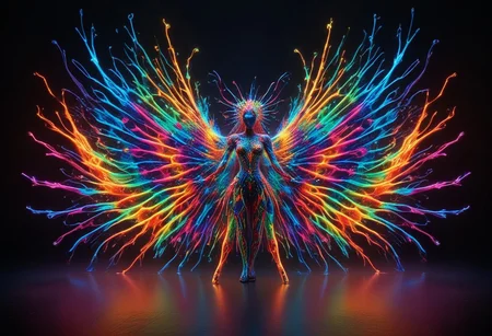 a full body fire entity with multicolored flames, professional photography of an fantastical warrior princess entirely made of cyberflies with whimsical elements, swirling magic, eerie fairytale landscape, elaborate fantasy style art, very colorful, intricate details, ultra sharp, exquisite detail, flawless composition, vivid colors, masterpiece, exciting background, TAS, TASvisuals, Psychedelic , Rave, Elaborate , Blacklight , Vibrant , cyberflies, black light paint, blp, Colorful Chaos Cracks and Drops, mad-glowtiedye, made out of,colorful,liquid,Murano Art Glass