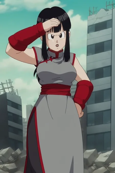 source_anime, score_9, score_8_up, score_7_up, anime screencap, absurdres, official style,
chi-chi black,
1girl, solo, long hair, black hair, sidelocks, blunt bangs, ponytail, black eyes, eyelashes, sleeveless dress, potara earrings, black dress, red trim, chinese clothes, china dress, red wristband, red sash, looking at another, open mouth, salute, hand on hip, cowboy shot, v-shaped eyebrows, cloud, green sky, breasts, ruined city, building destruction, fingernails, rubble, black lips
<lora:chichiDBS_pony_v1:0.8>