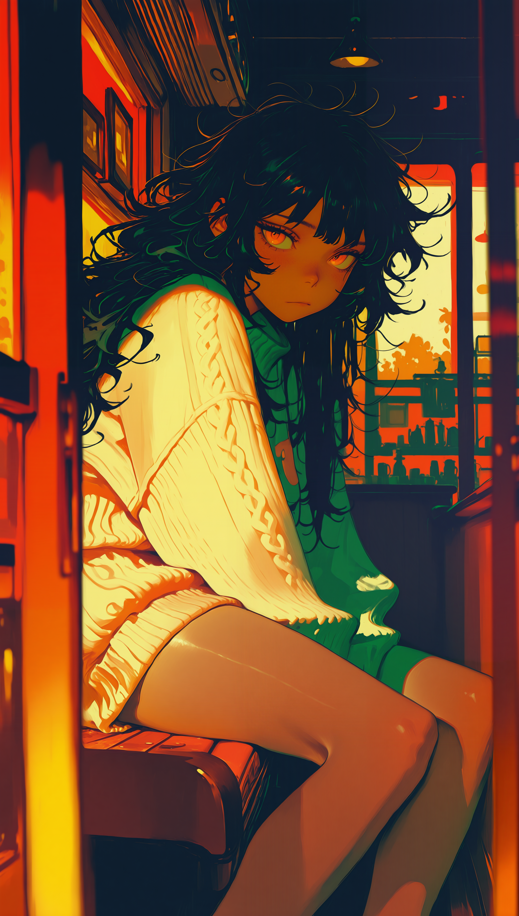 masterpiece, newest,absurdres,incredibly absurdres, best quality, amazing quality, very aesthetic,
1girl, sitting, oversized sweater, bare legs, messy hair, cafe interior, blurry foreground, red and yellow color theme, orange hue, warm lighting,
<lora:Elegence_Niji:1> 3l3ganc3 <lora:Forest_Decay_Style_ichi_sk:1>