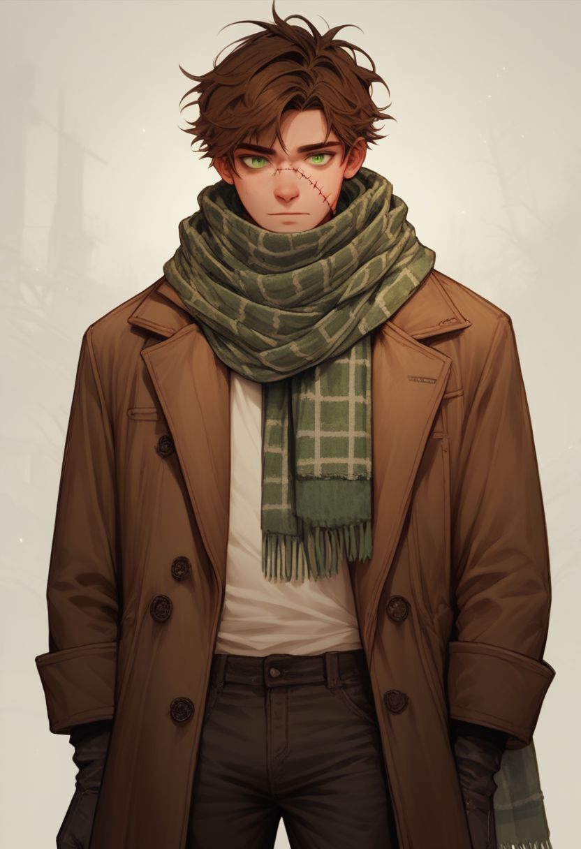 score_9, score_8_up, score_7_up, score_6_up, score_5_up, score_4_up man,brown hair, green eyes,stitches,scarf,shirt,coat,pants,boots, close up
