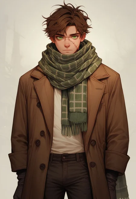 score_9, score_8_up, score_7_up, score_6_up, score_5_up, score_4_up man,brown hair, green eyes,stitches,scarf,shirt,coat,pants,boots, close up