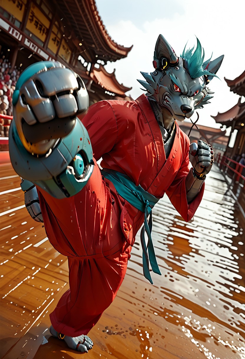(((Barefoot furry character, full body, cinematic setting, furry male, plantigrade))) 
(((Gilliam))), wolf boy, ((red kimono and pants, training kung-fu on outdoors training ground, fighting stance, dynamic pose, perform side kick)), three toes, claws, pawpad, determined look
BREAK
(((gilliam wolf, evil eye, sharp, red fluff tail, cyan hair, robot, cybernetic wolf, metallic))), (((kicking, kicking at viewer, stands on one feet))), ((nice robotic feet paws)), 
BREAK, intricate details, highly detailed, extreme detail, octane render, fine art, best quality, highres, (detailed face:1.5), ((full_body)), UHD, (((perfect hands))), low light