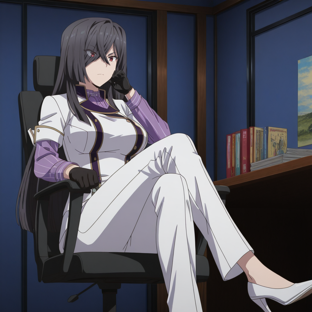 Yukari Origami, toji no miko style, 1girl, solo, long hair, black hair, bangs, hair between eyes, hair over one eye, red eyes, large breasts, white uniform, purple shirt, black gloves, white pants, white high heels, sitting, in office chair, clenched hand on cheek, crossed legs, serious
BREAK
inside office, daytime, window
BREAK
anime screencap, anime coloring, anime colored background, detailed background, detailed face, shiny skin, shiny hair, absurdes, highres, dynamic pose, masterpiece, best quality, official art, cel shaded, graphic illustration, digital painting, CGI, very detailed, amazing quality, intricate details, dynamic pose, HDR, UHD, 8K, Fineline illustration, Highly detailed, ultra-fine painting, sharp focus, Professional, Vivid Colors <lora:add-detail-xl:1> <lora:DetailedEyes_V3:1> <lora:Toji_no_miko_character_pack_Illustrious:1>