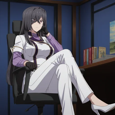 Yukari Origami, toji no miko style, 1girl, solo, long hair, black hair, bangs, hair between eyes, hair over one eye, red eyes, large breasts, white uniform, purple shirt, black gloves, white pants, white high heels, sitting, in office chair, clenched hand on cheek, crossed legs, serious
BREAK
inside office, daytime, window
BREAK
anime screencap, anime coloring, anime colored background, detailed background, detailed face, shiny skin, shiny hair, absurdes, highres, dynamic pose, masterpiece, best quality, official art, cel shaded, graphic illustration, digital painting, CGI, very detailed, amazing quality, intricate details, dynamic pose, HDR, UHD, 8K, Fineline illustration, Highly detailed, ultra-fine painting, sharp focus, Professional, Vivid Colors <lora:add-detail-xl:1> <lora:DetailedEyes_V3:1> <lora:Toji_no_miko_character_pack_Illustrious:1>