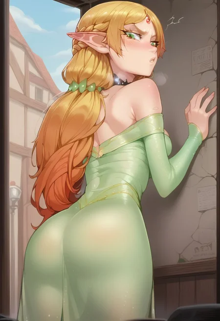 score_9, score_8_up, score_7_up, score_6_up, score_5_up, score_4_up, best quality, masterpiece, uncensored,BREAK ,   tsundere elf, long hair, blonde hair, green eyes, pointy ears, elf, multicolored hair, forehead jewel,elf, dress,1girl,solo ,ass